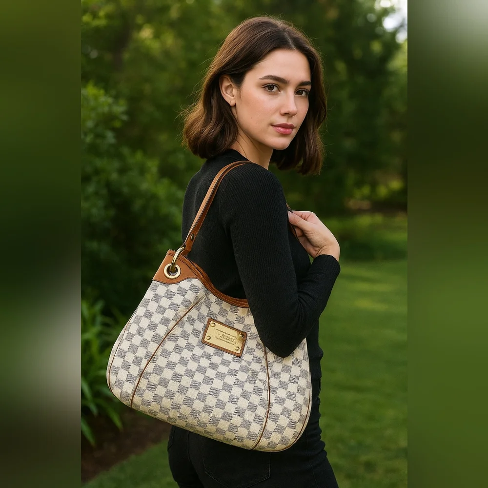 Louis Vuitton Damier Azur Canvas Shoulder Bag with Brown Leather Trim